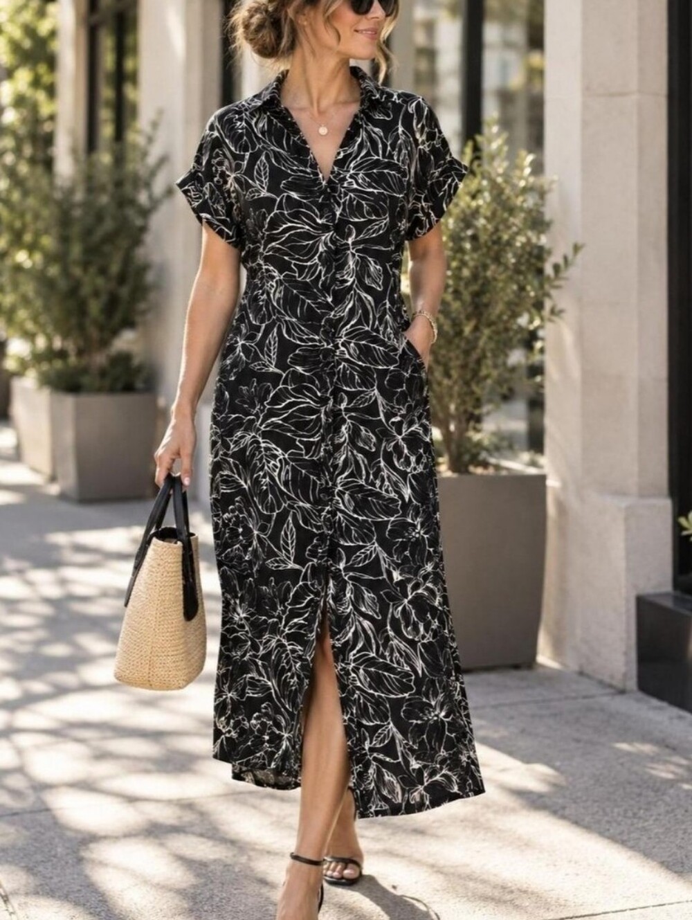 Badgley Mischka blacl and ivory floral pront button down drawstring midi dress